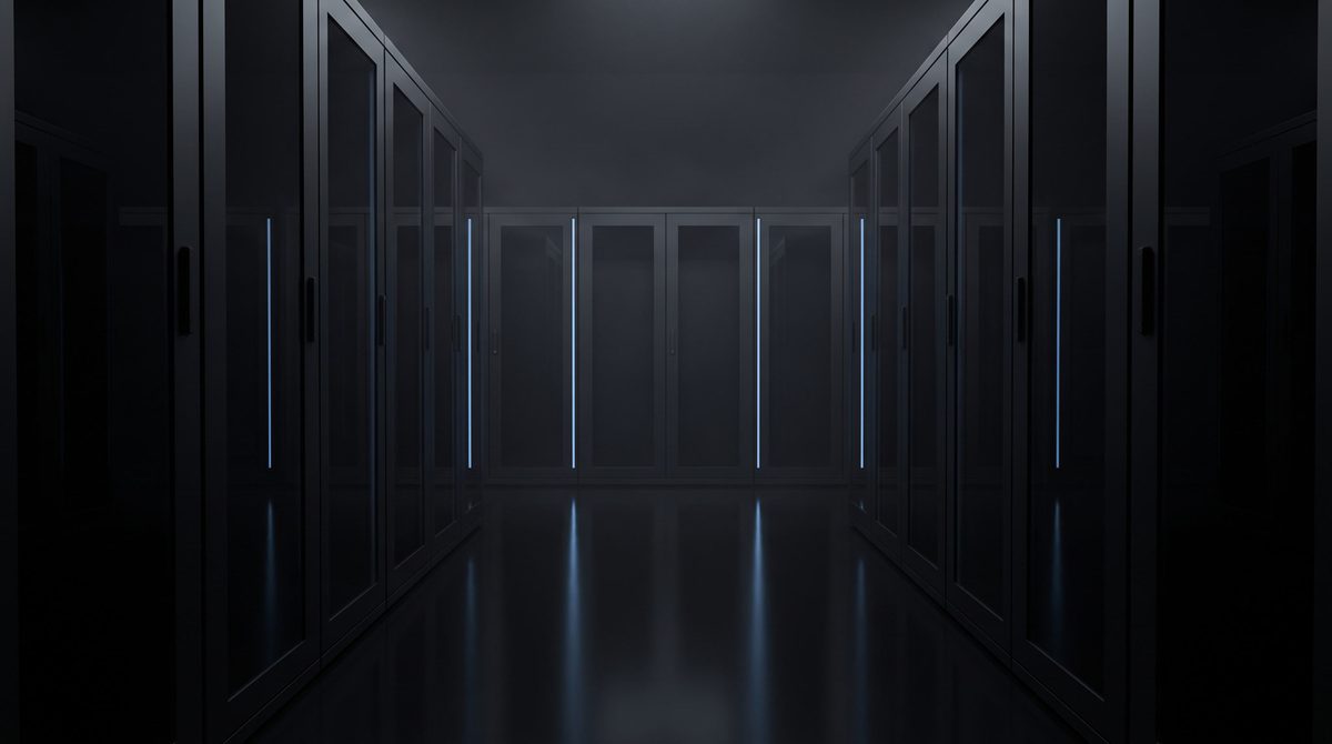 Una sala dati aziendale: armadi neri con sottili linee di luce azzurra, in prospettiva centrale